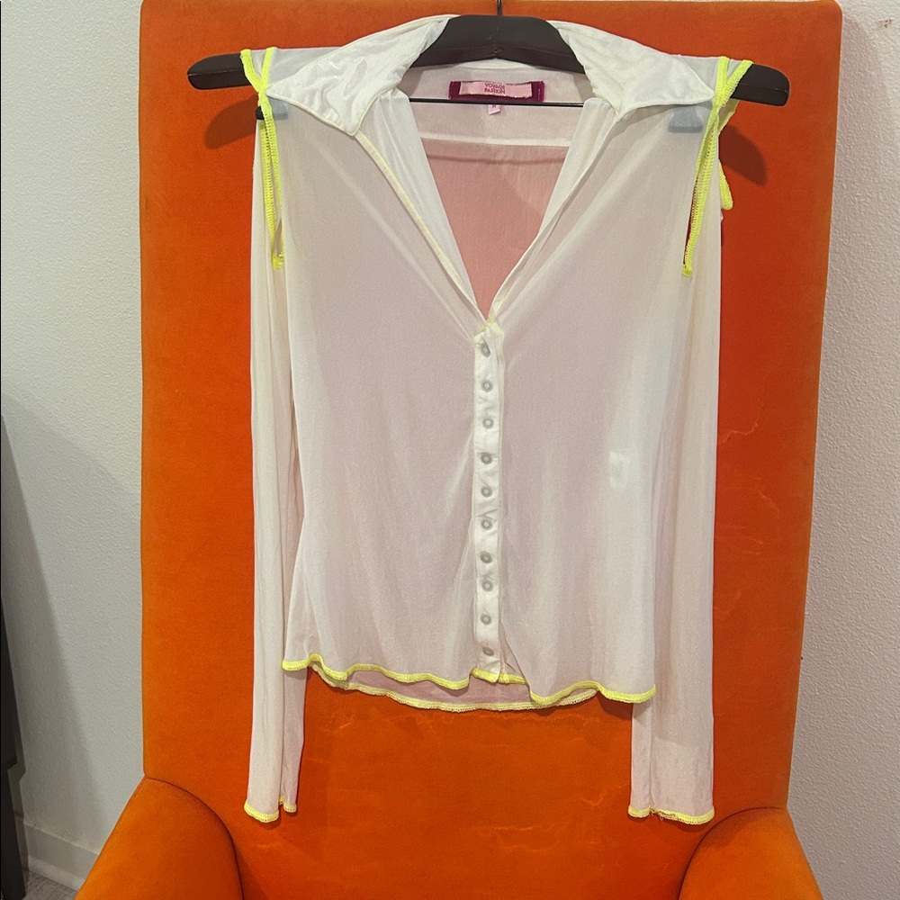 VOYAGE PASSION Beautiful White and Neon Green Women's Top See Through. Size M.